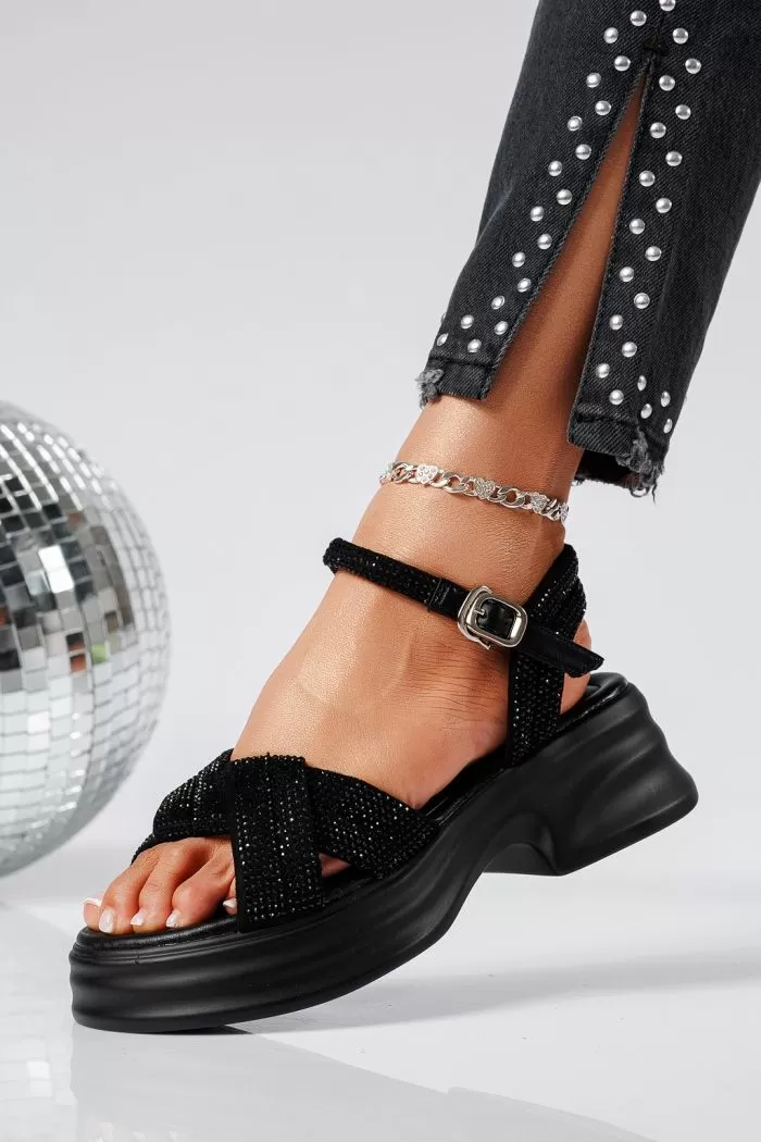 Sandale cu platforma dama negre din piele ecologica intoarsa Sophia #22093