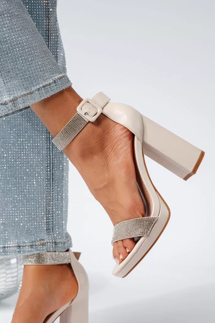 Sandale cu toc dama bej din piele ecologica Avery #22107