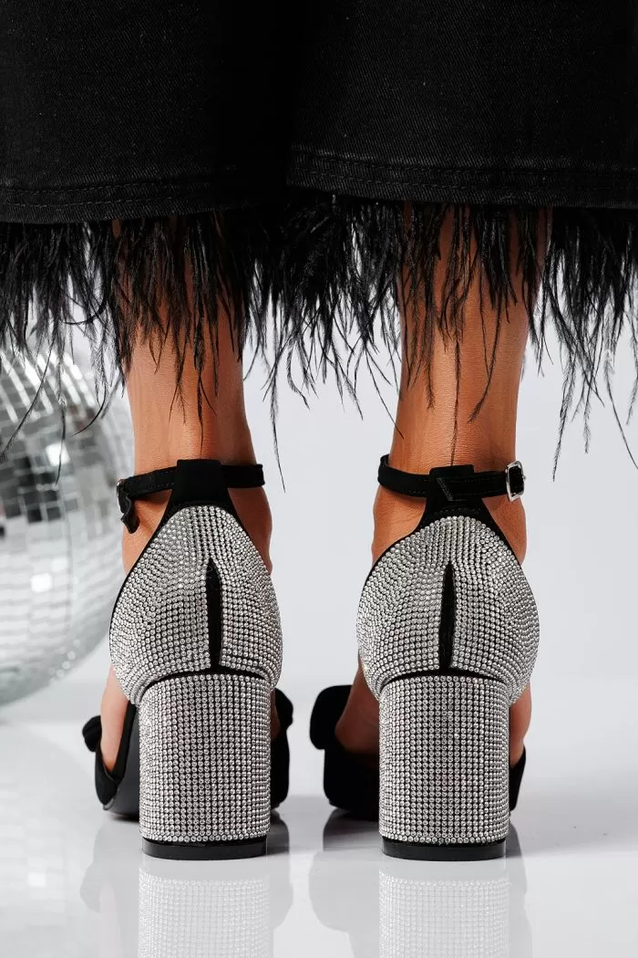 Sandale cu toc dama negre din piele ecologica intoarsa Calypso #22129