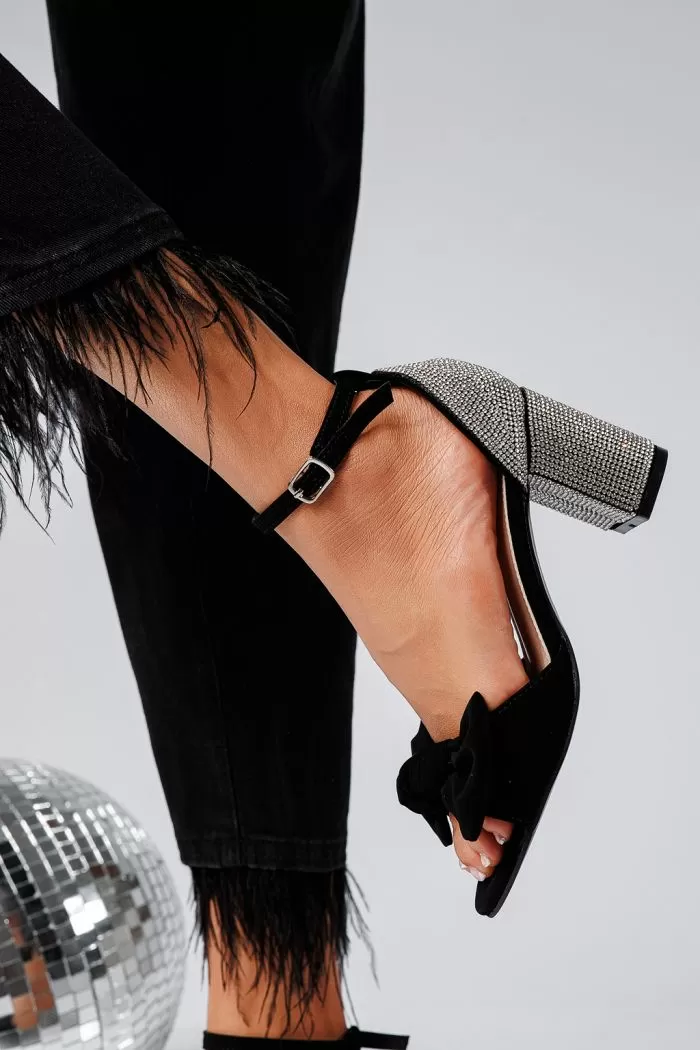 Sandale cu toc dama negre din piele ecologica intoarsa Calypso #22129