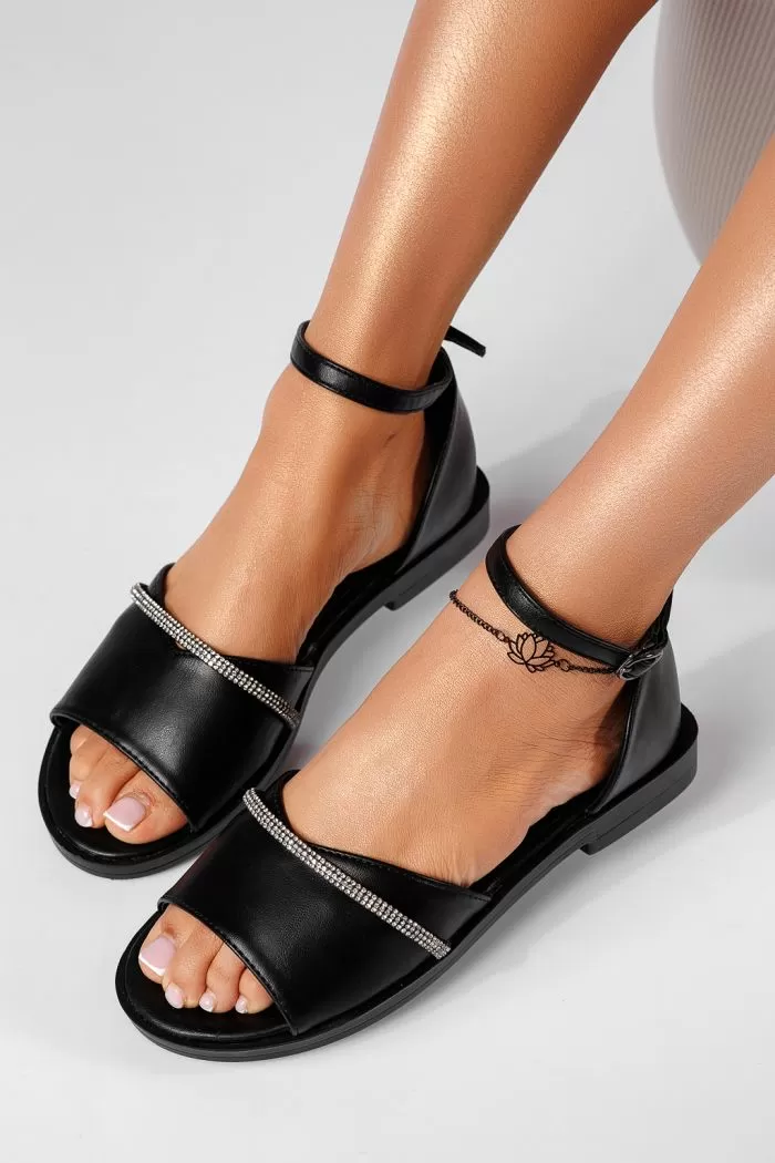 Sandale cu talpa joasa dama negre din piele ecologica Aimee #22148