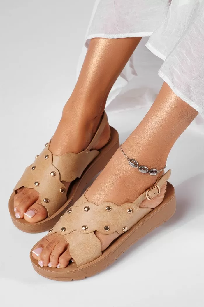 Sandale cu platforma dama bej din piele ecologica Hiraani #22247