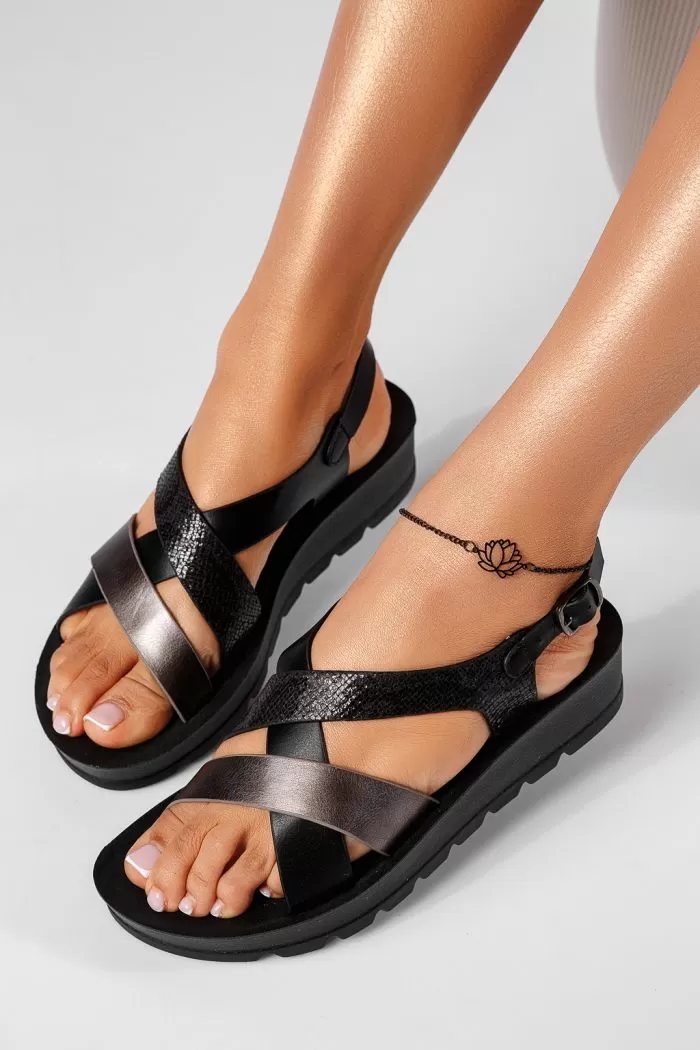 Sandale cu platforma dama negre din piele ecologica Jiao #22251