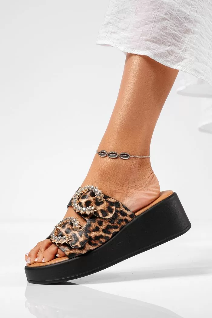 Papuci cu platforma dama leopard din piele ecologica Tania #22324