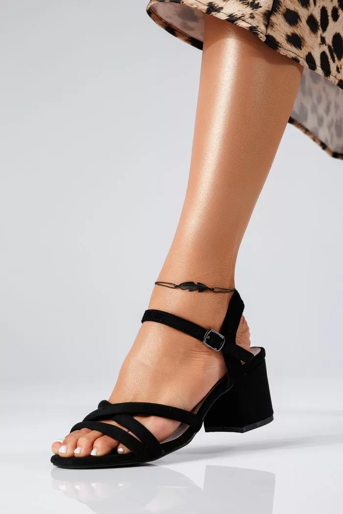 Sandale cu toc dama negre din piele ecologica intoarsa Hanna #22358