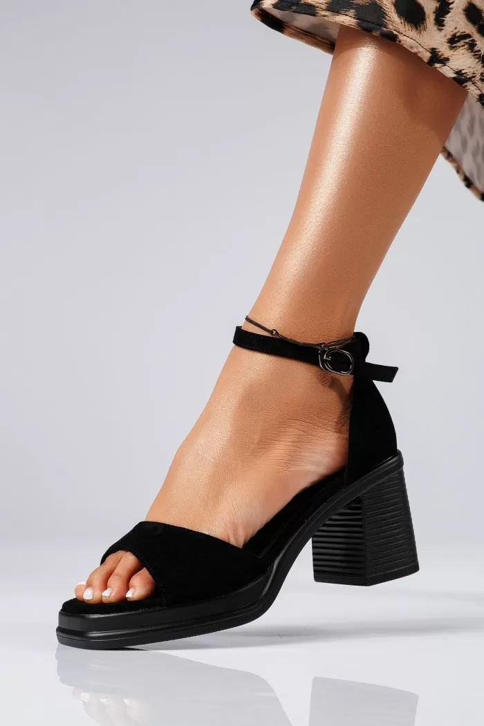 Sandale cu toc dama negre din piele ecologica intoarsa Maria #22409