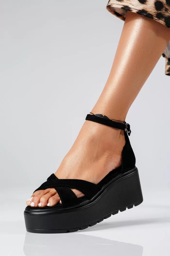 Sandale cu platforma dama negre din piele ecologica intoarsa Talida #22418