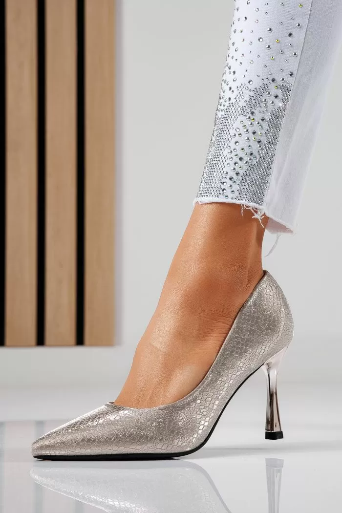 Pantofi cu toc dama roz-aurii din piele ecologica Sonia #22453