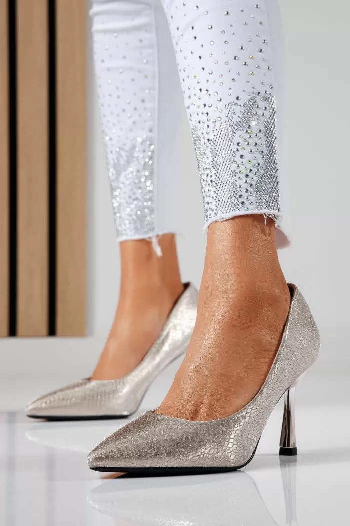 Pantofi cu toc dama roz-aurii din piele ecologica Sonia #22453