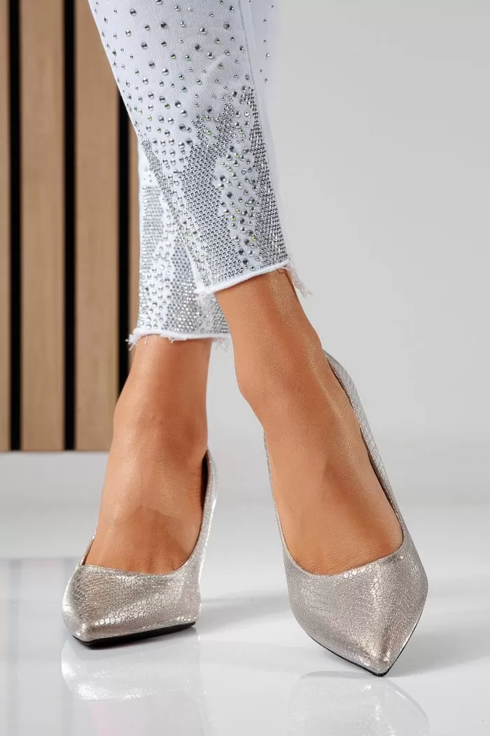 Pantofi cu toc dama roz-aurii din piele ecologica Sonia #22453