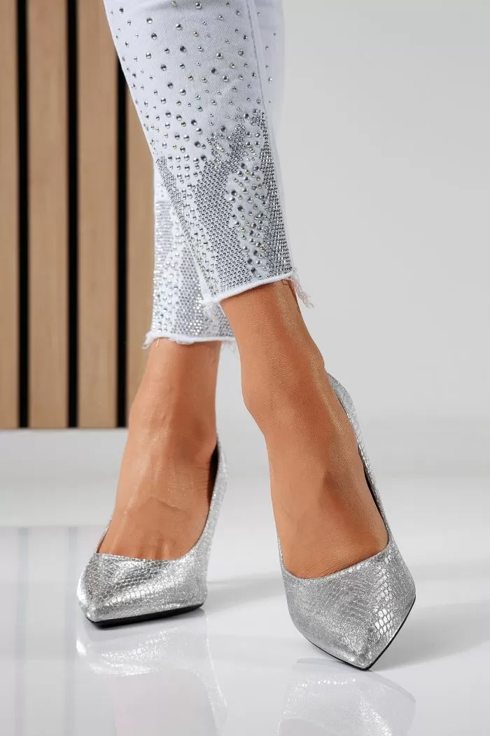Pantofi cu toc dama argintii  din piele ecologica Sonia #22454