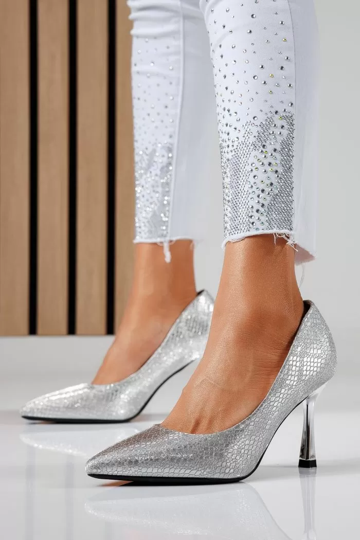 Pantofi cu toc dama argintii  din piele ecologica Sonia #22454