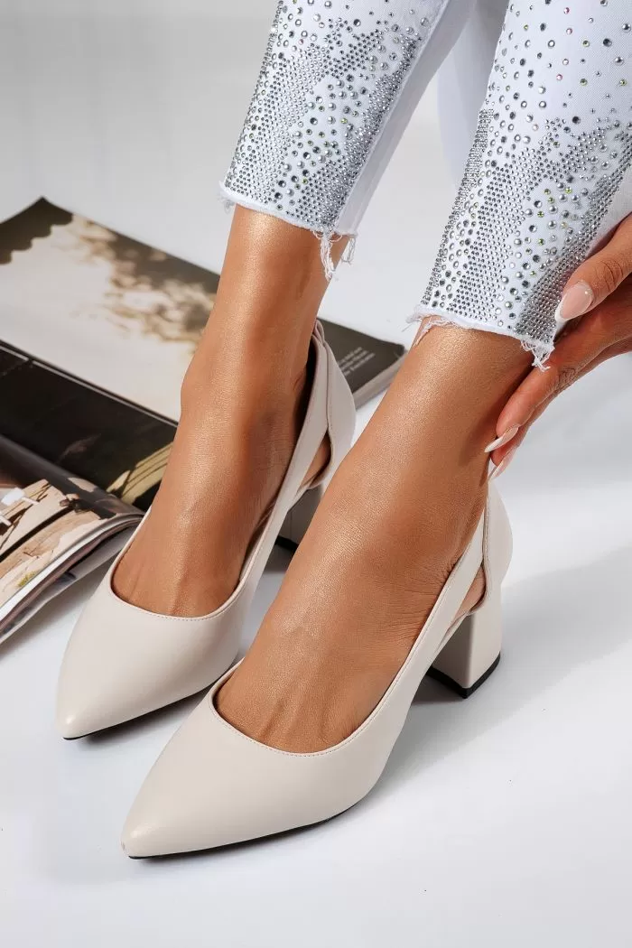 Pantofi cu toc dama bej din piele ecologica Mira #22455