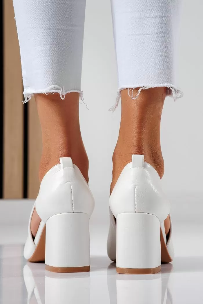 Pantofi cu toc dama albi din piele ecologica Mira #22457