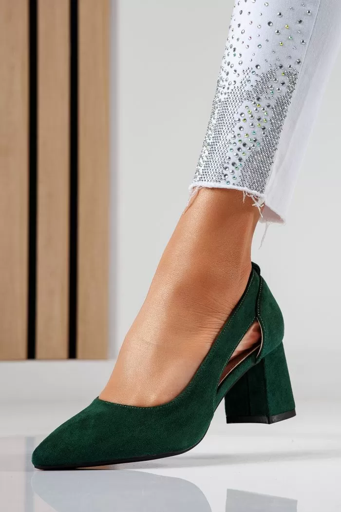 Pantofi cu toc dama verzi din piele ecologica intoarsa Mira2 #22460