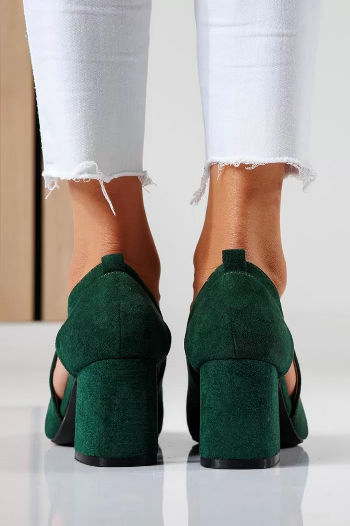 Pantofi cu toc dama verzi din piele ecologica intoarsa Mira2 #22460