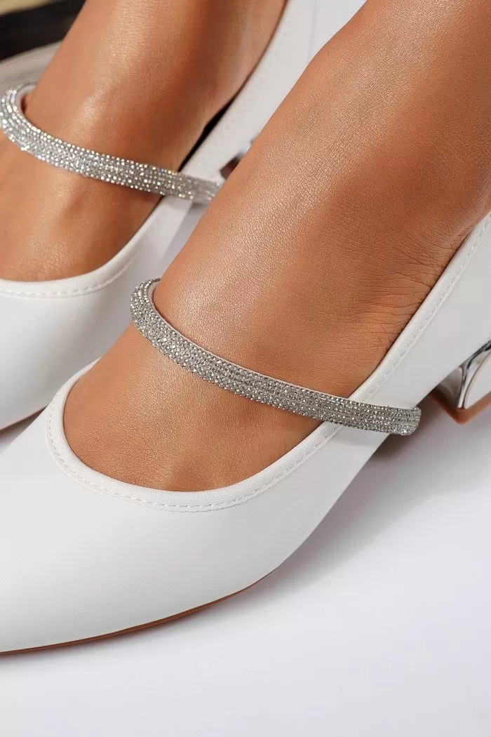 Pantofi cu toc mic dama albi din piele ecologica Xenia #22469