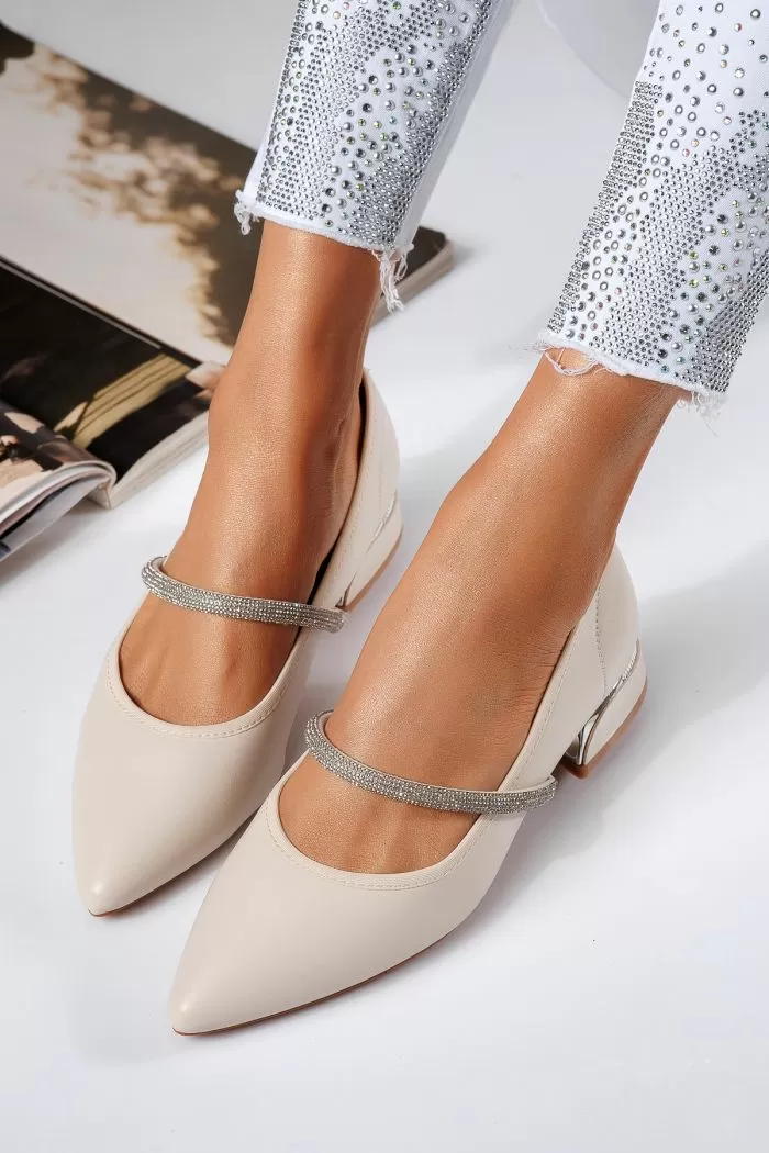 Pantofi cu toc mic dama bej din piele ecologica Xenia #22470