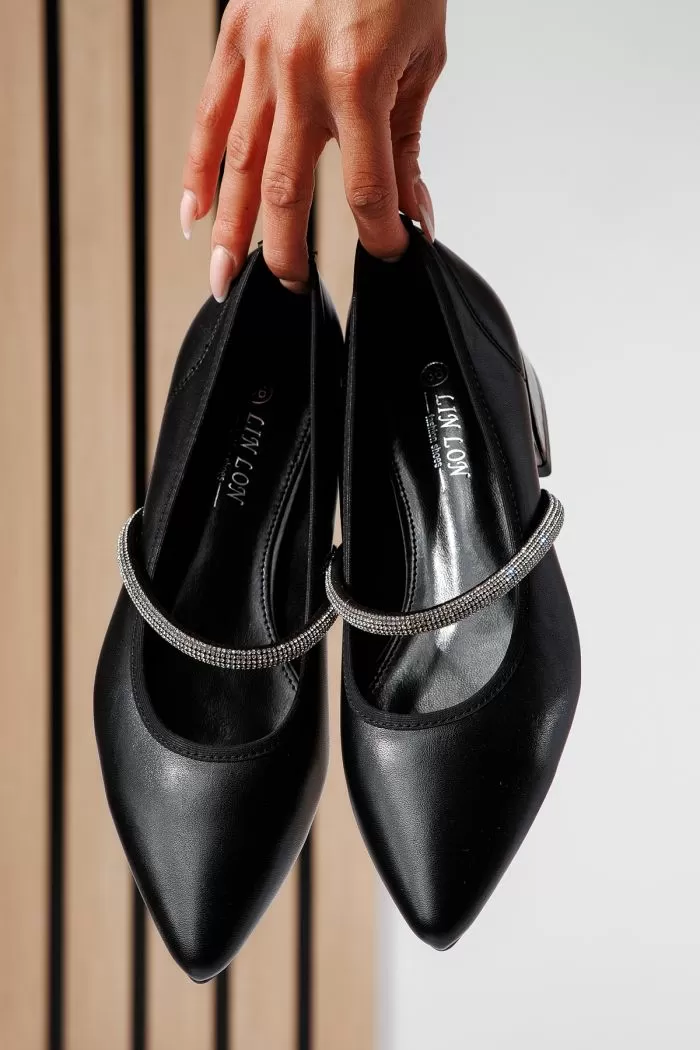 Pantofi cu toc mic dama negri din piele ecologica Xenia #22471