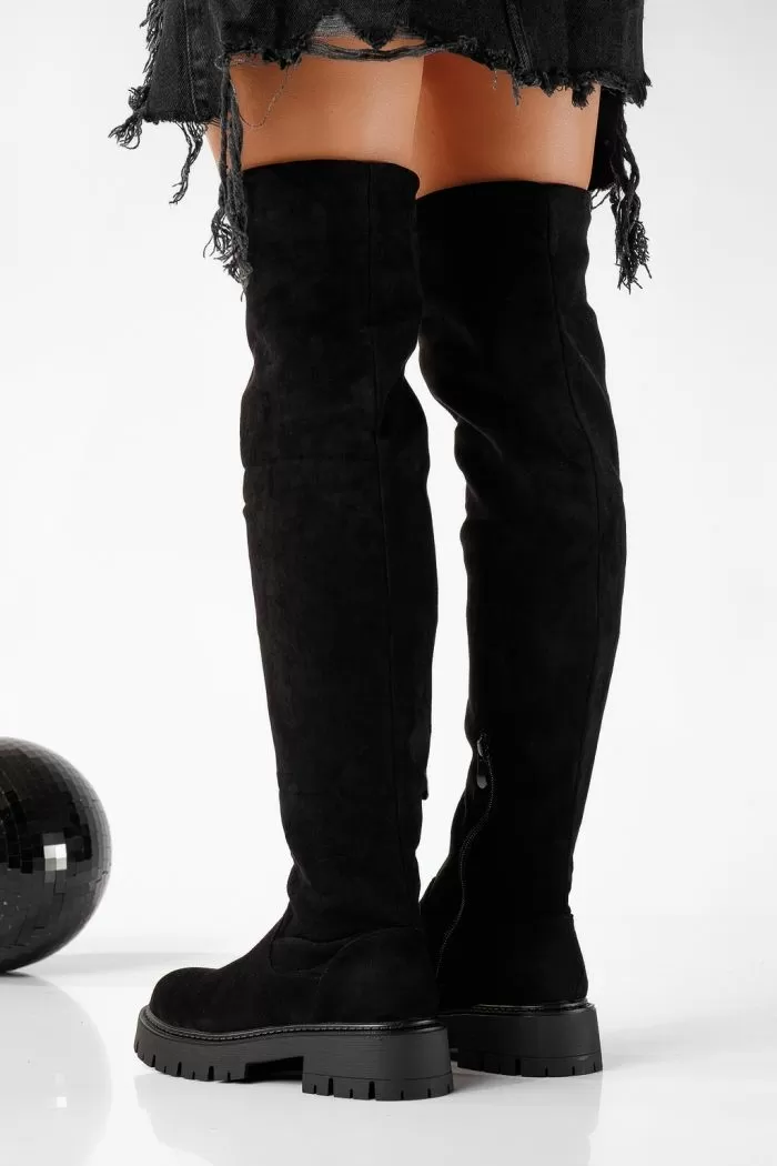 Cizme lungi dama îmblanite negre din piele ecologica intoarsa Eleanora #22654