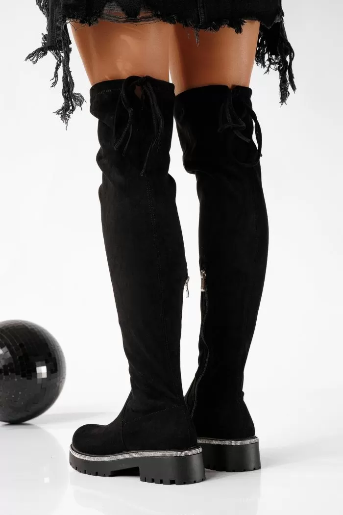 Cizme lungi dama vatuite negre din piele ecologica intoarsa Marina #22714