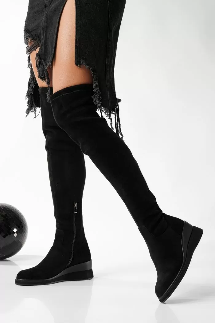 Cizme lungi dama îmblanite negre din piele ecologica intoarsa Jiao #22868