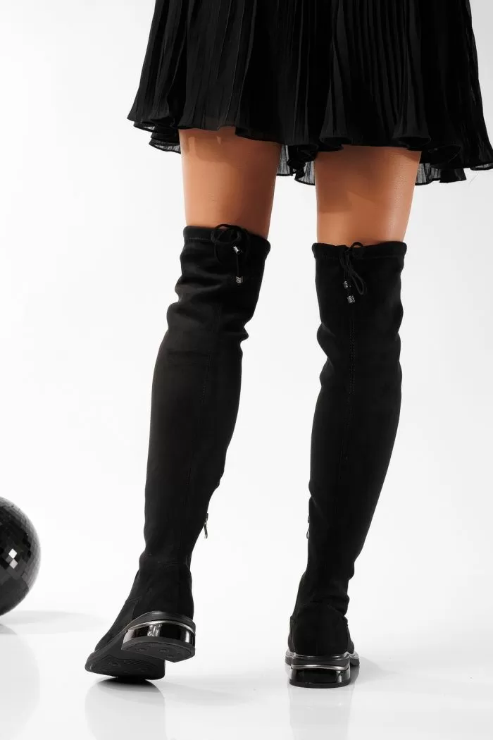 Cizme lungi dama îmblanite negre din piele ecologica intoarsa Karma #22870