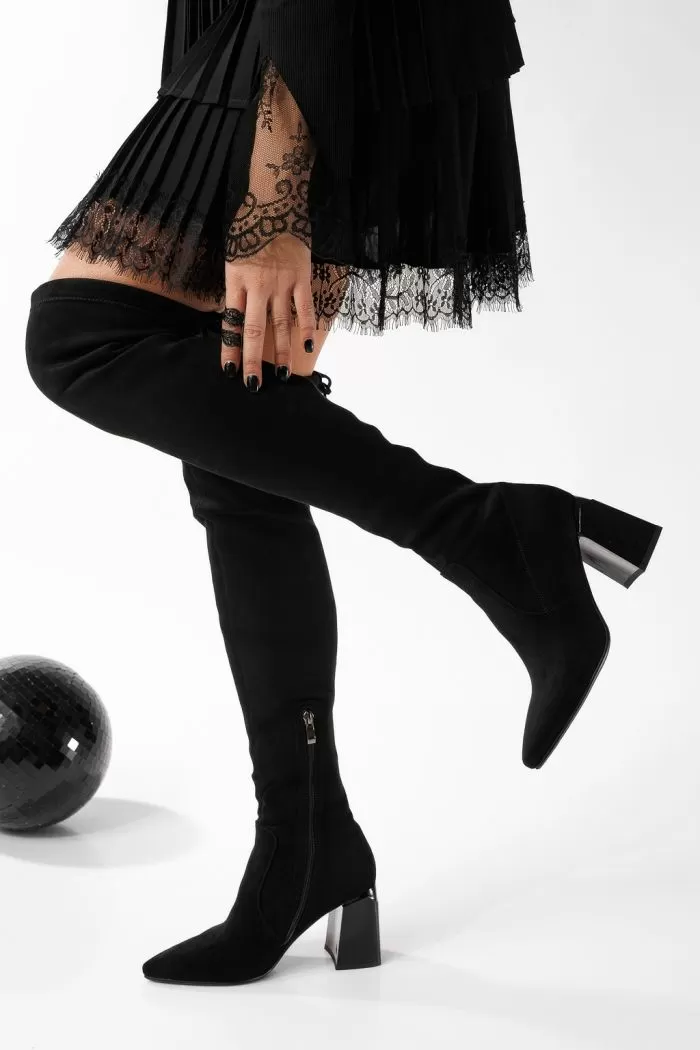 Cizme lungi dama îmblanite negre din piele ecologica intoarsa Lidia #22872