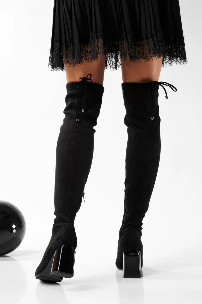 Cizme lungi dama îmblanite negre din piele ecologica intoarsa Lidia #22872