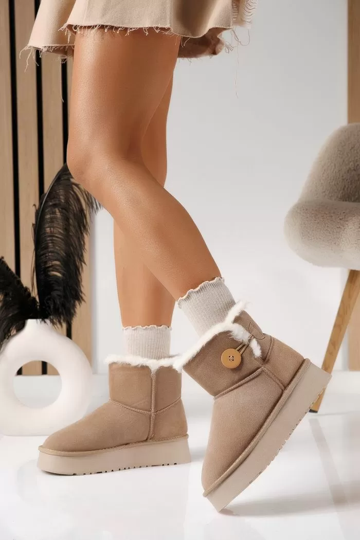 Cizme scurte dama îmblanite tip Ug khaki din piele naturala intoarsa Larisa #22885