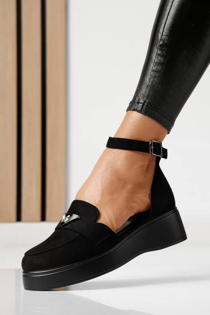 Pantofi casual dama negri din piele ecologica intoarsa Evelina #24097