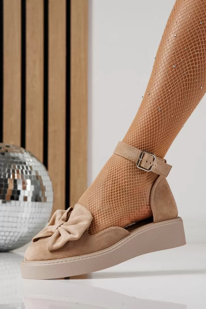 Pantofi casual dama bej din piele ecologica intoarsa Adina #24215