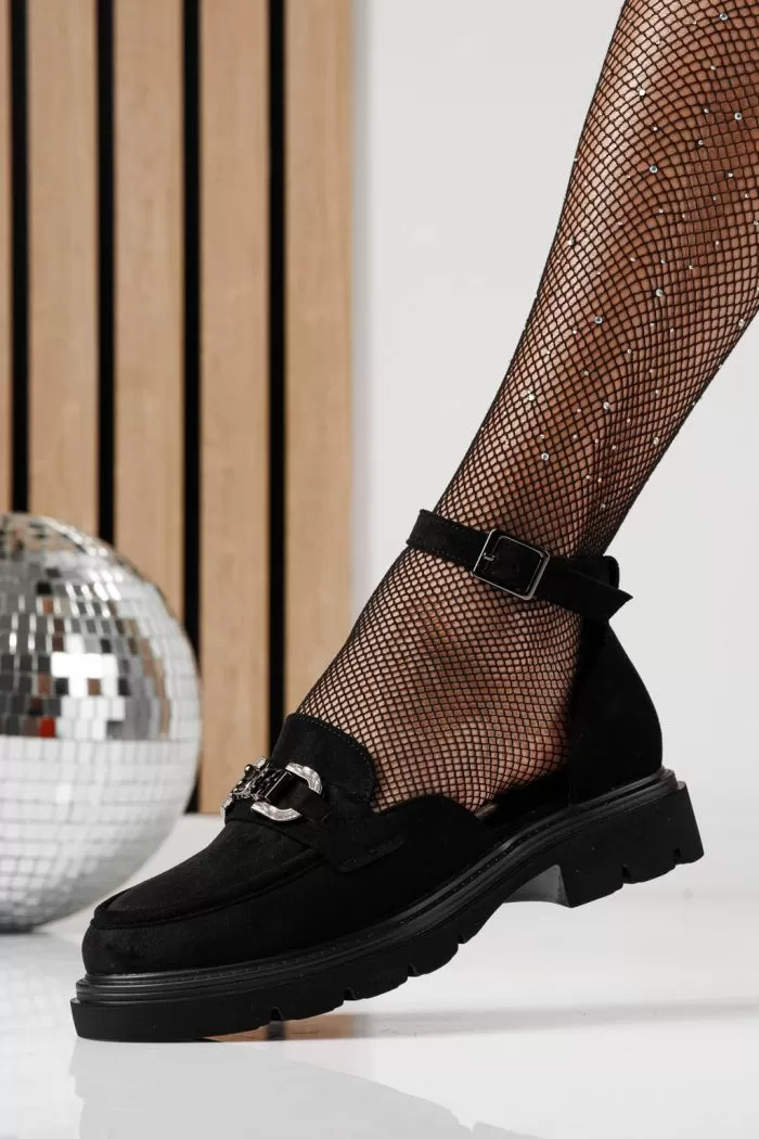 Pantofi casual dama negri din piele ecologica intoarsa Sasha #24276