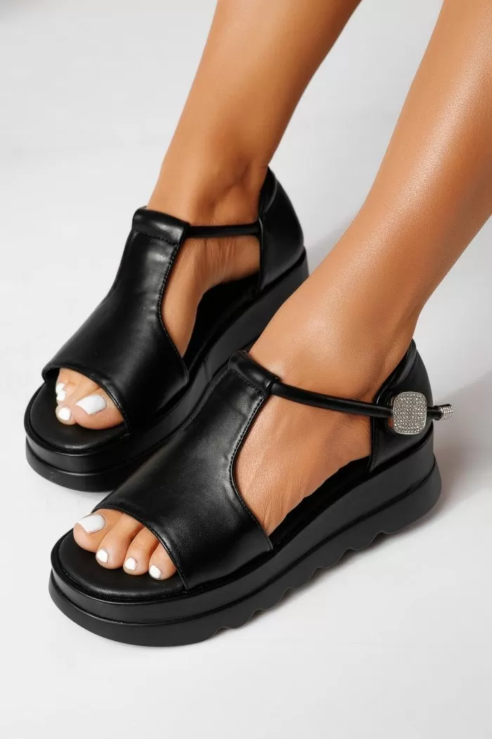 Sandale cu platforma dama negre din piele ecologica Elira #24757