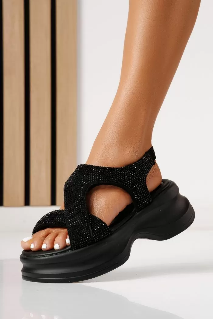 Sandale cu platforma dama negre din piele ecologica intoarsa Ioana #25320