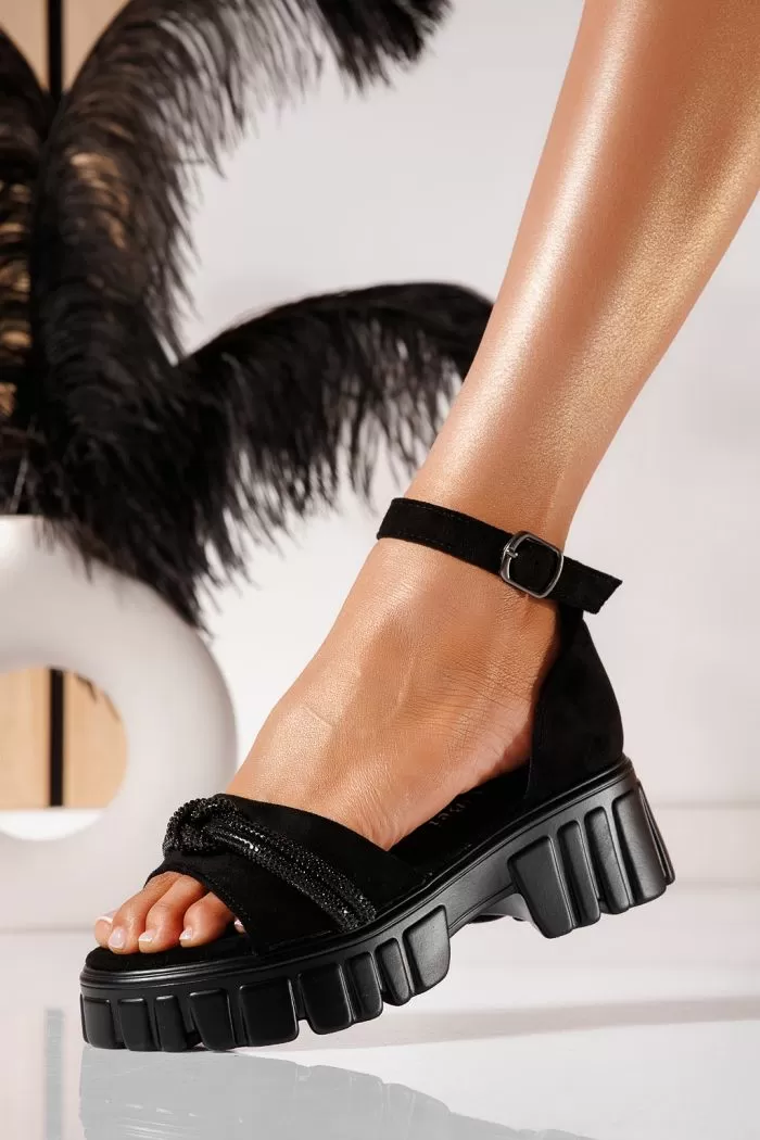 Sandale cu platforma dama negre din piele ecologica intoarsa Adela #25386