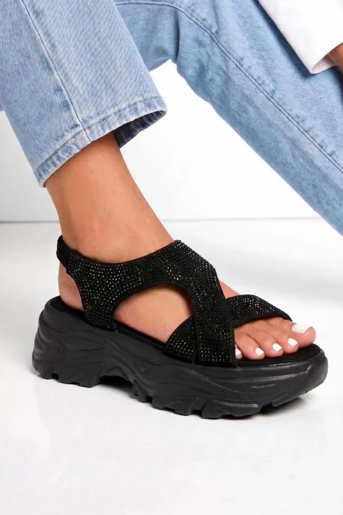 Sandale cu platforma dama negre din piele ecologică intoarsa Vika #25411