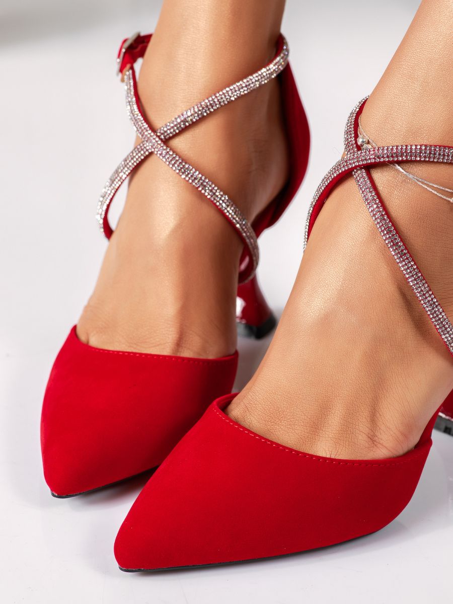 Дамски обувки с ток червени от обърната еко кожа Scarlett #18342