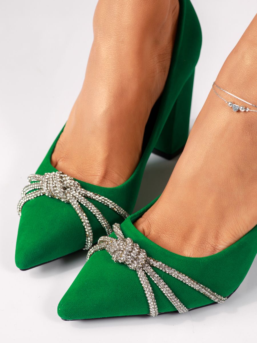 Pantofi cu toc dama verzi din piele ecologica intorasa Brielle #18361