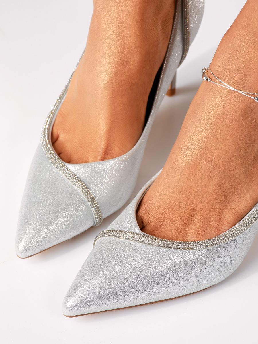 Pantofi cu toc dama argintii din piele ecologica Drew #18409