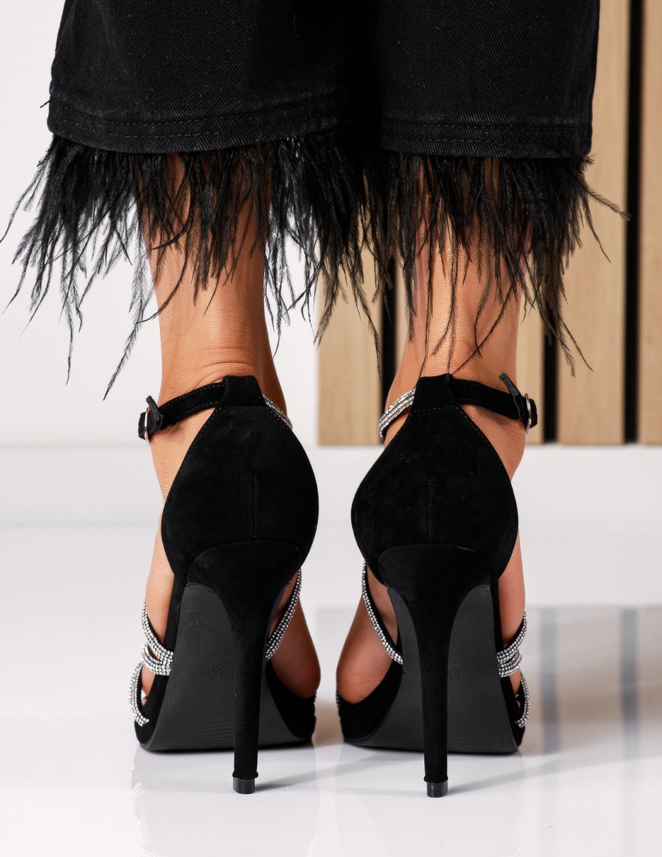 Дамски сандали с ток черни от обърната еко кожа Luna #18604
