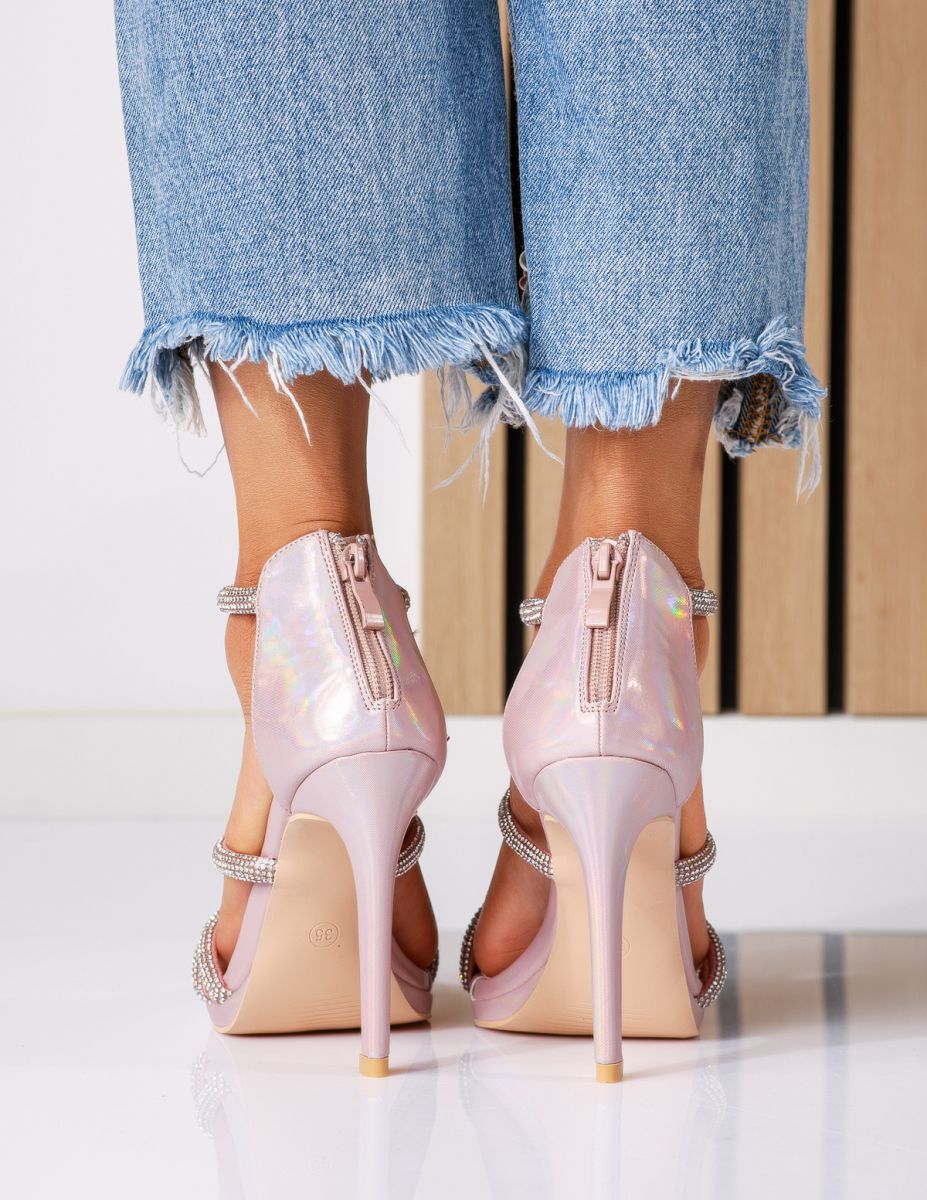 Дамски сандали с ток розово-златисти от еко кожа Marina #18602