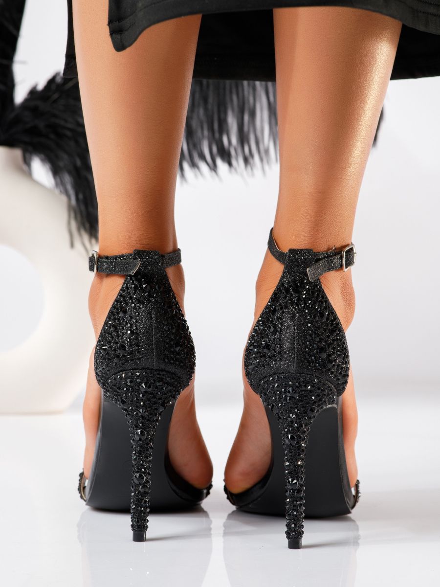 Sandale cu toc dama negre din material textil Naomi #18769