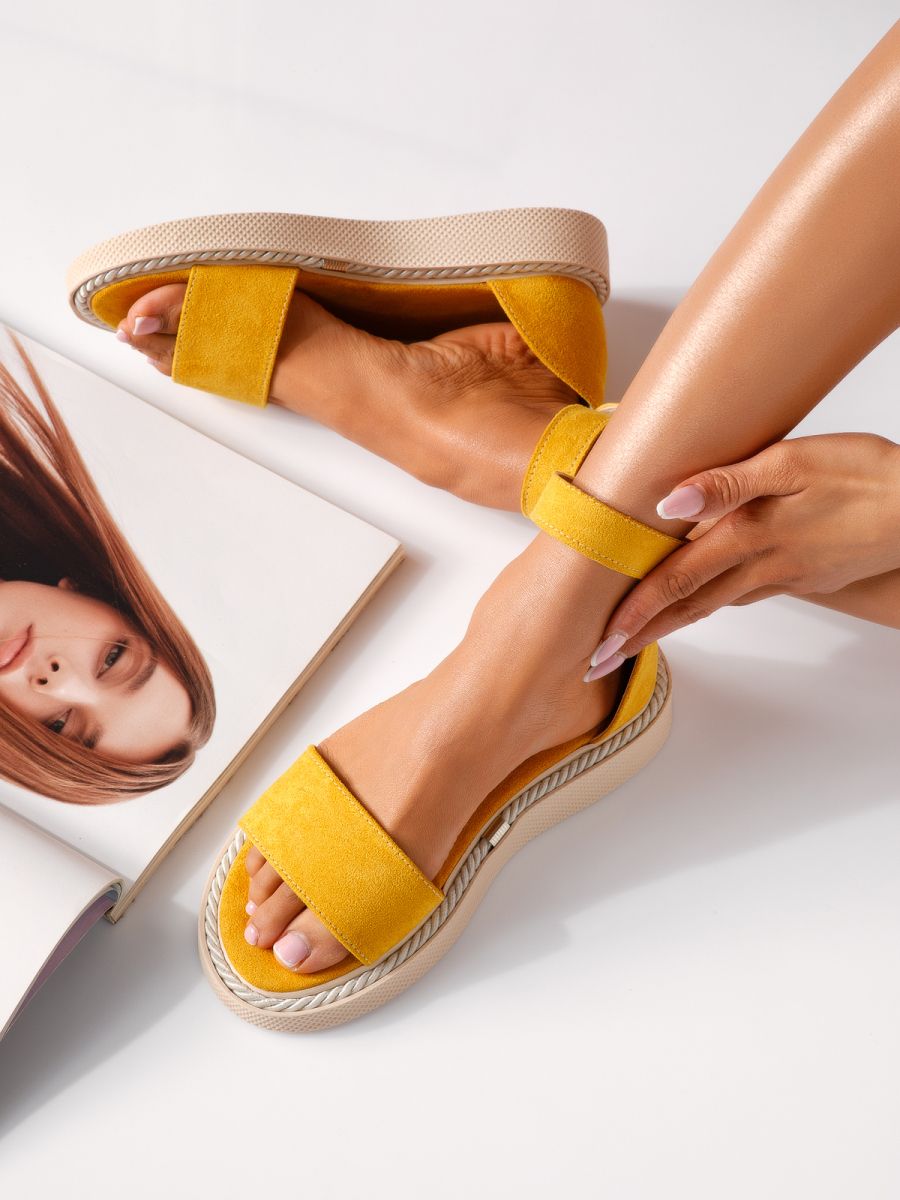 Дамски сандали с ниска подметка жълти от обърната еко кожа Alexa #19304