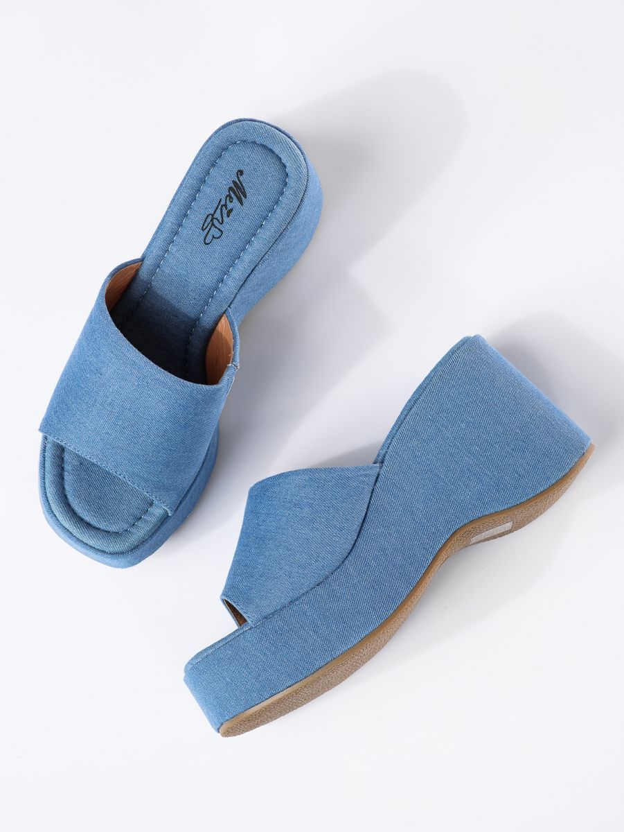 Papuci cu platforma dama albastri din material textil Lale #19422