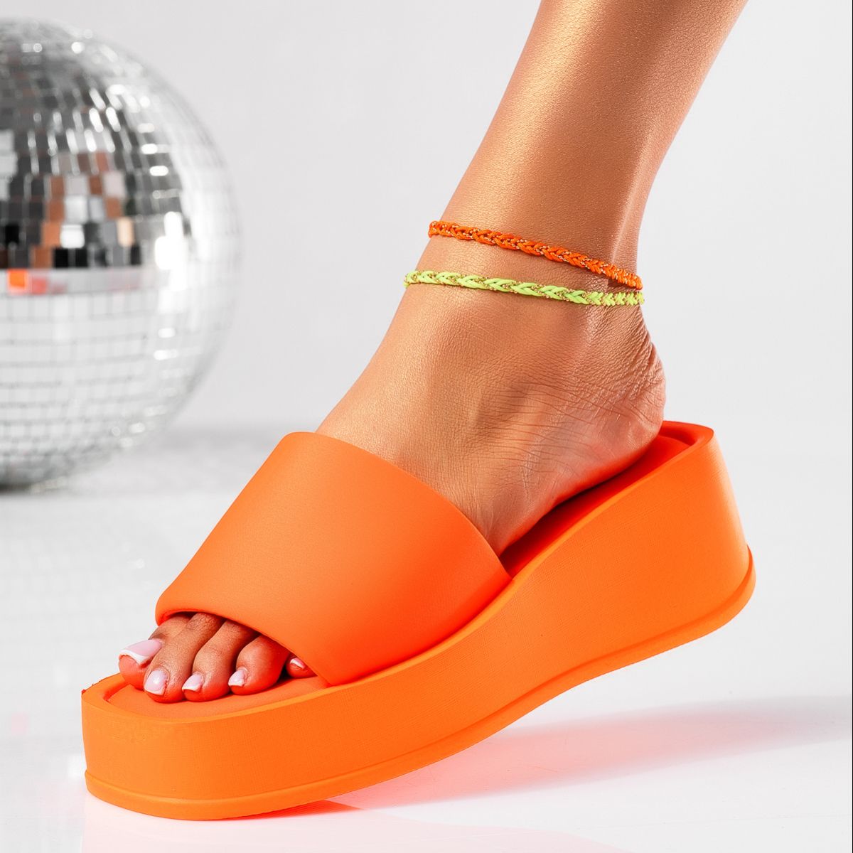 Papuci cu platforma dama portocalii din material textil Tania #19412