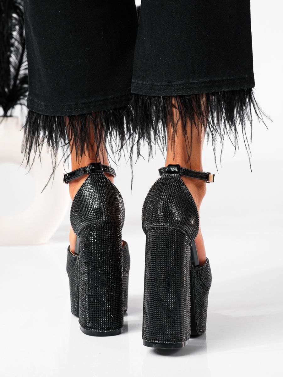 Sandale cu toc dama negre din piele ecologica lacuita Adnana #19461