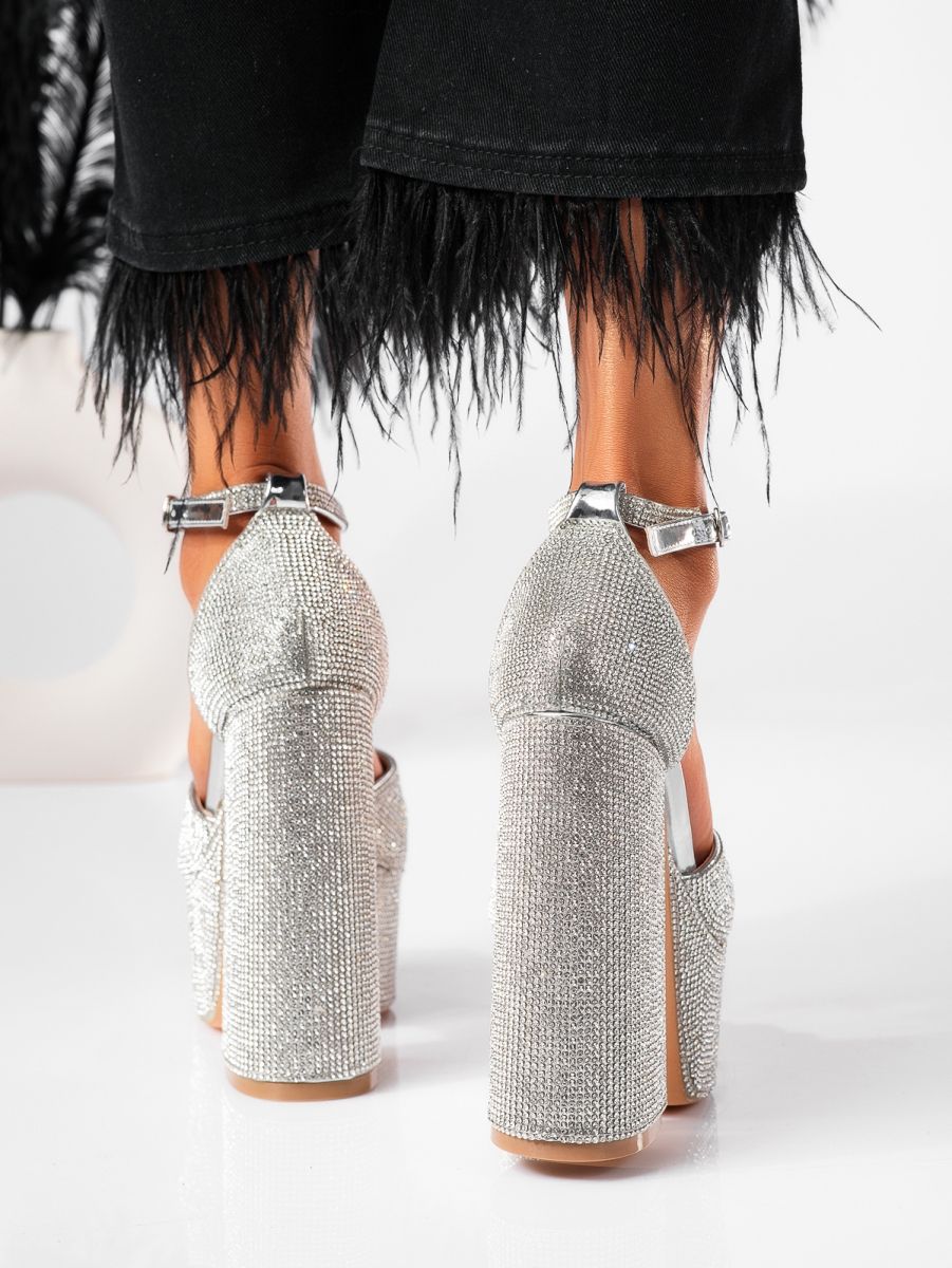 Sandale cu toc dama argintii din piele ecologica lacuita Adnana #19463