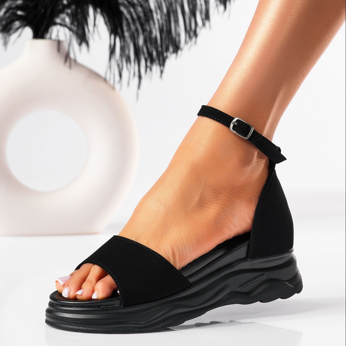 Sandale cu platforma dama negre din piele ecologica Esther #19515