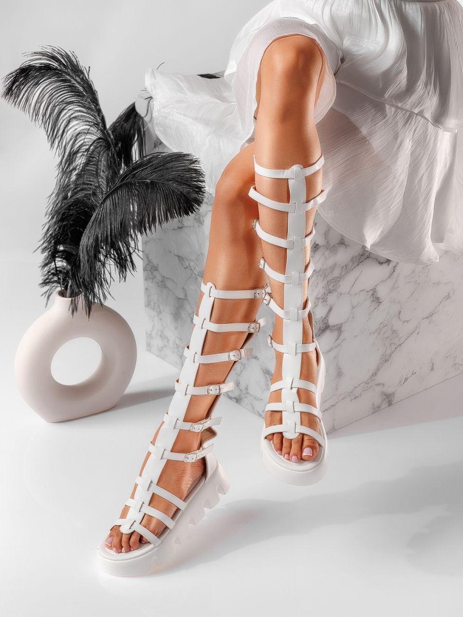 Sandale gladiator cu platforma dama albe din piele ecologica Jade #19555